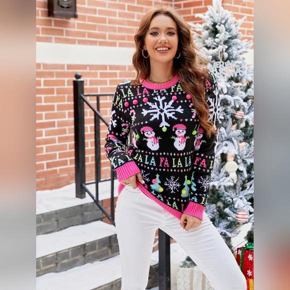 Women's Casual Multi-Color Christmas Ribbed Crew Neck Long Sleeve Trim Sweater - Picture 2 of 4